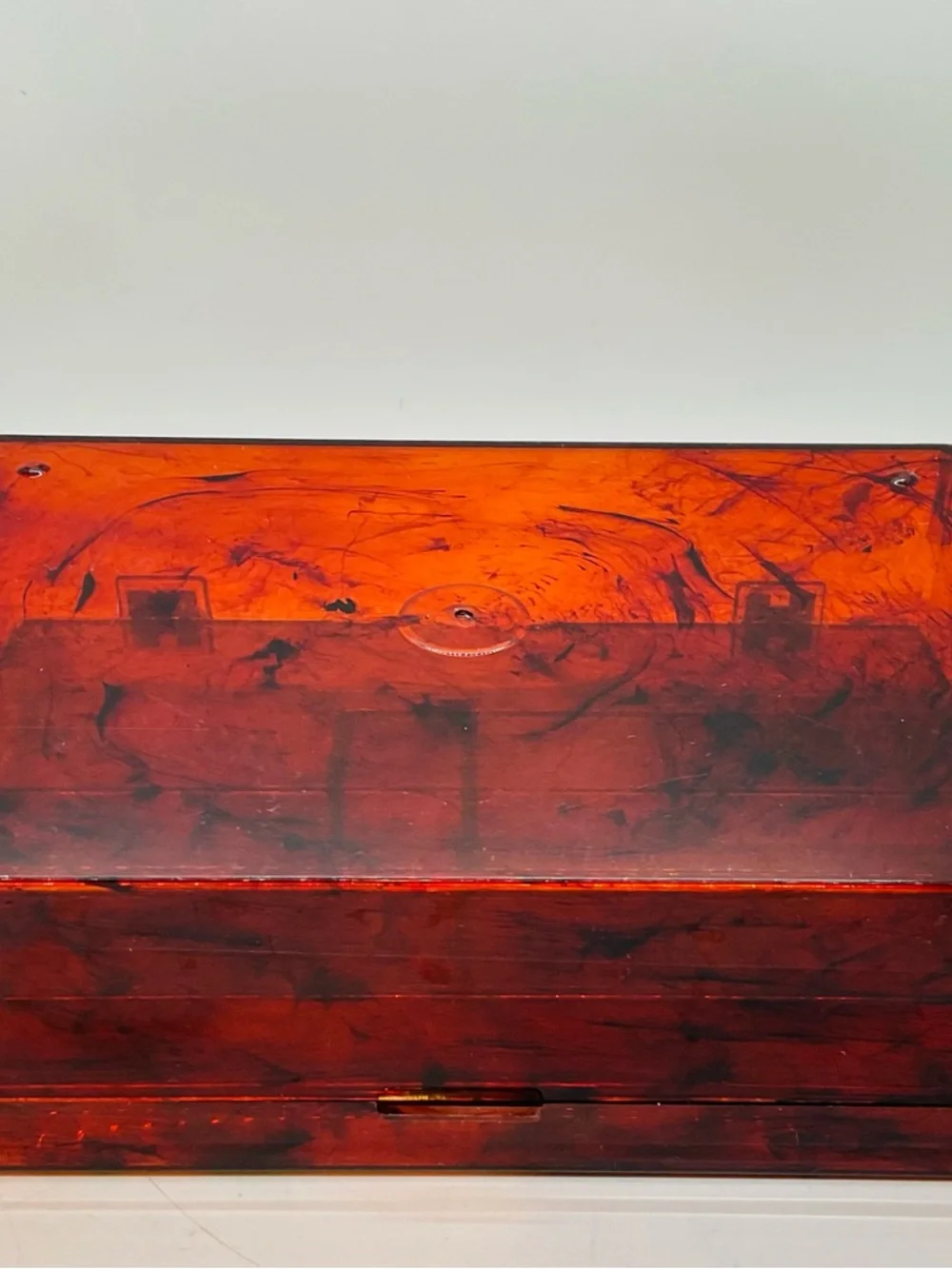 Vintage 1960s Lucite Amber ‘For My Sewing’ Box & Tray Gold Embossed Design.